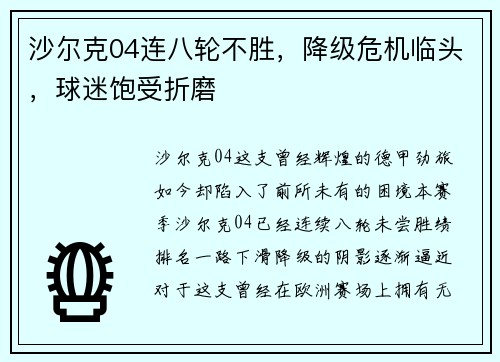 沙尔克04连八轮不胜，降级危机临头，球迷饱受折磨