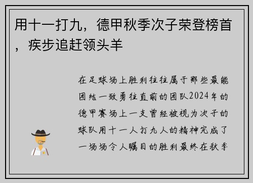 用十一打九，德甲秋季次子荣登榜首，疾步追赶领头羊